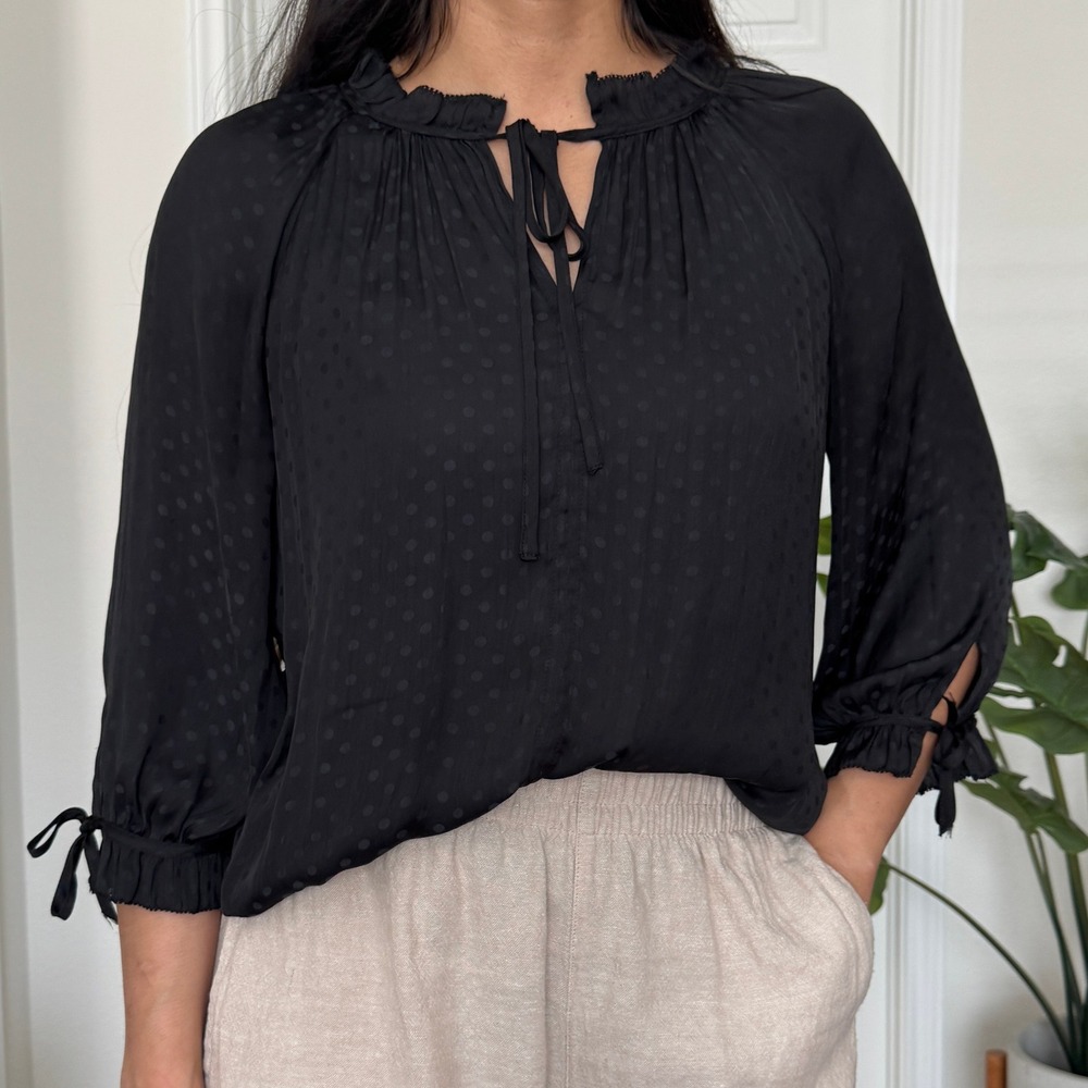 Satin Poet Jacquard Top S Black Ruffle Neck Sleeve Tie Peasant Romantic Goth